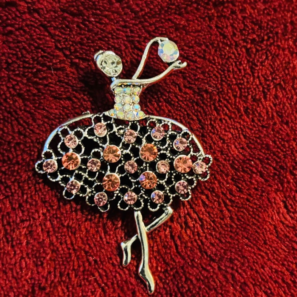 Silver Tone Pink Rhinestone Ballerina Brooch Pin Crystal Dancer Jewelry